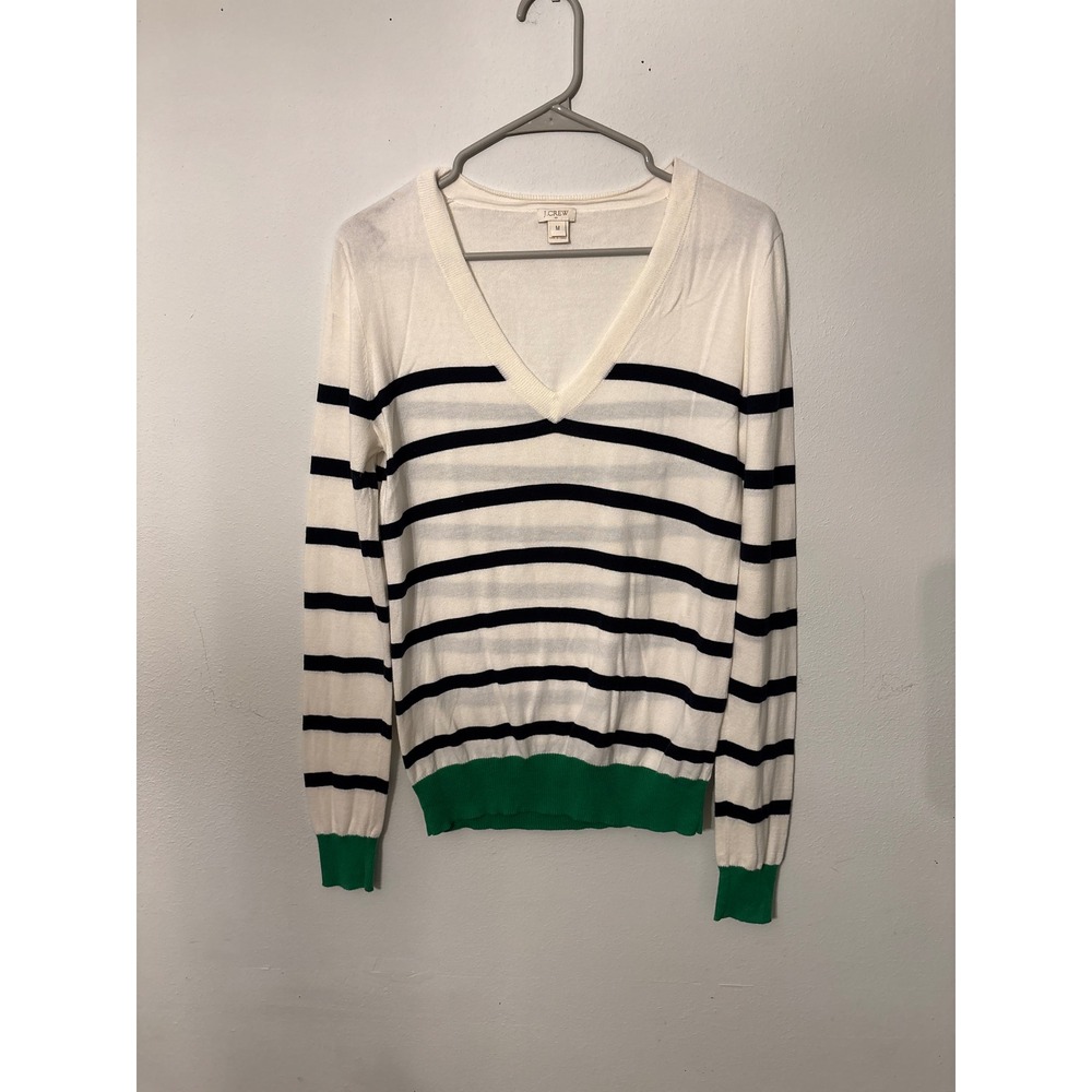 J.Crew V-Neck Sweater Womens M White Navy Green Excellent Striped Cotton 02248